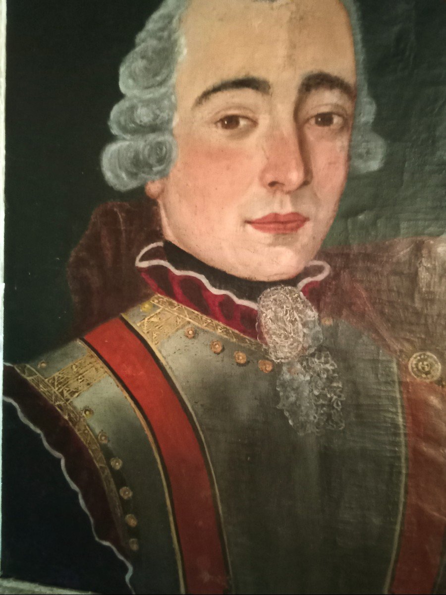 Portrait d'Officier Supérieur De Cuirassier d'époque Louis XV .  Hst Marouflée . XVIII ème -photo-2