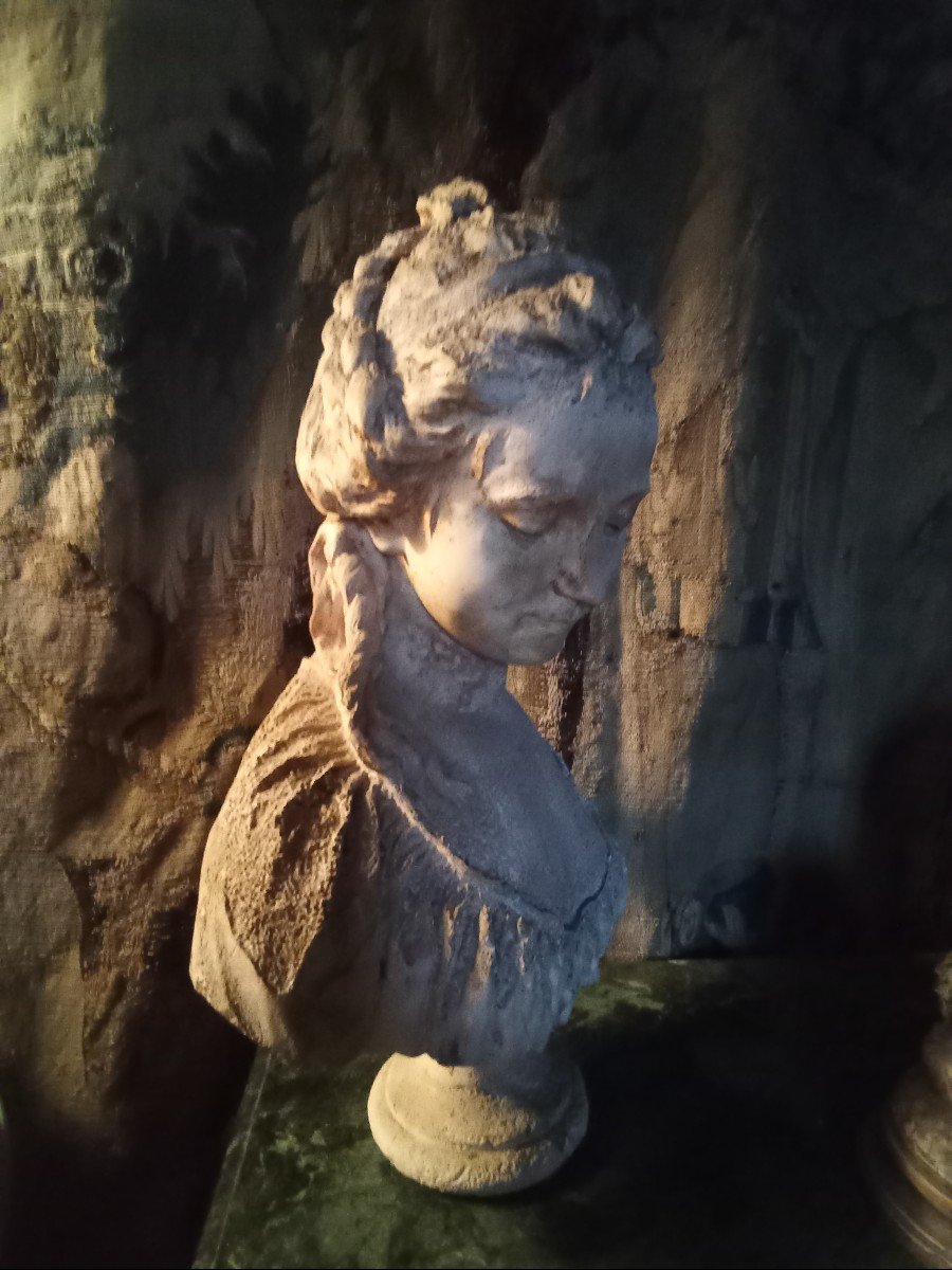 Bust Statue Of A Young Woman, Old Plaster Sculpture.-photo-2