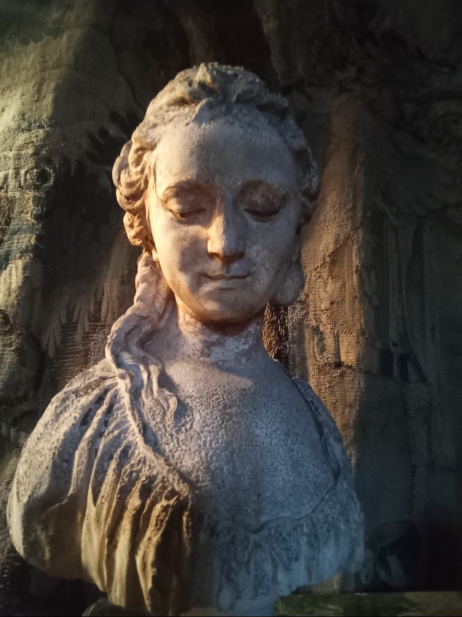 Bust Statue Of A Young Woman, Old Plaster Sculpture.-photo-3