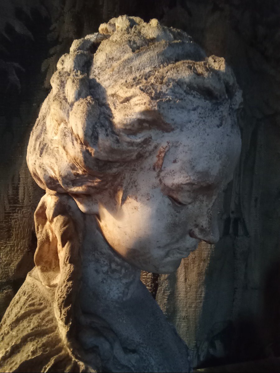 Bust Statue Of A Young Woman, Old Plaster Sculpture.-photo-4