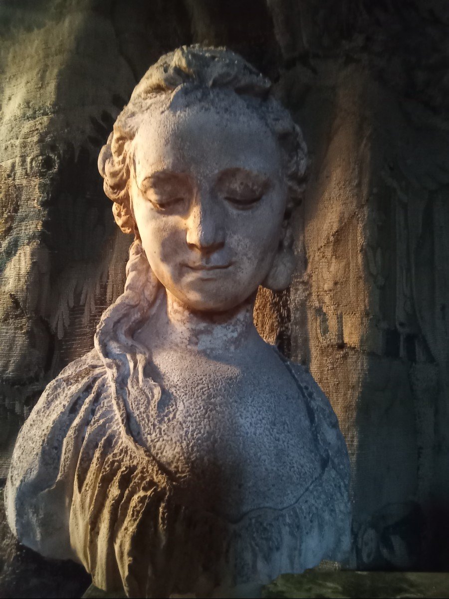 Bust Statue Of A Young Woman, Old Plaster Sculpture.-photo-3