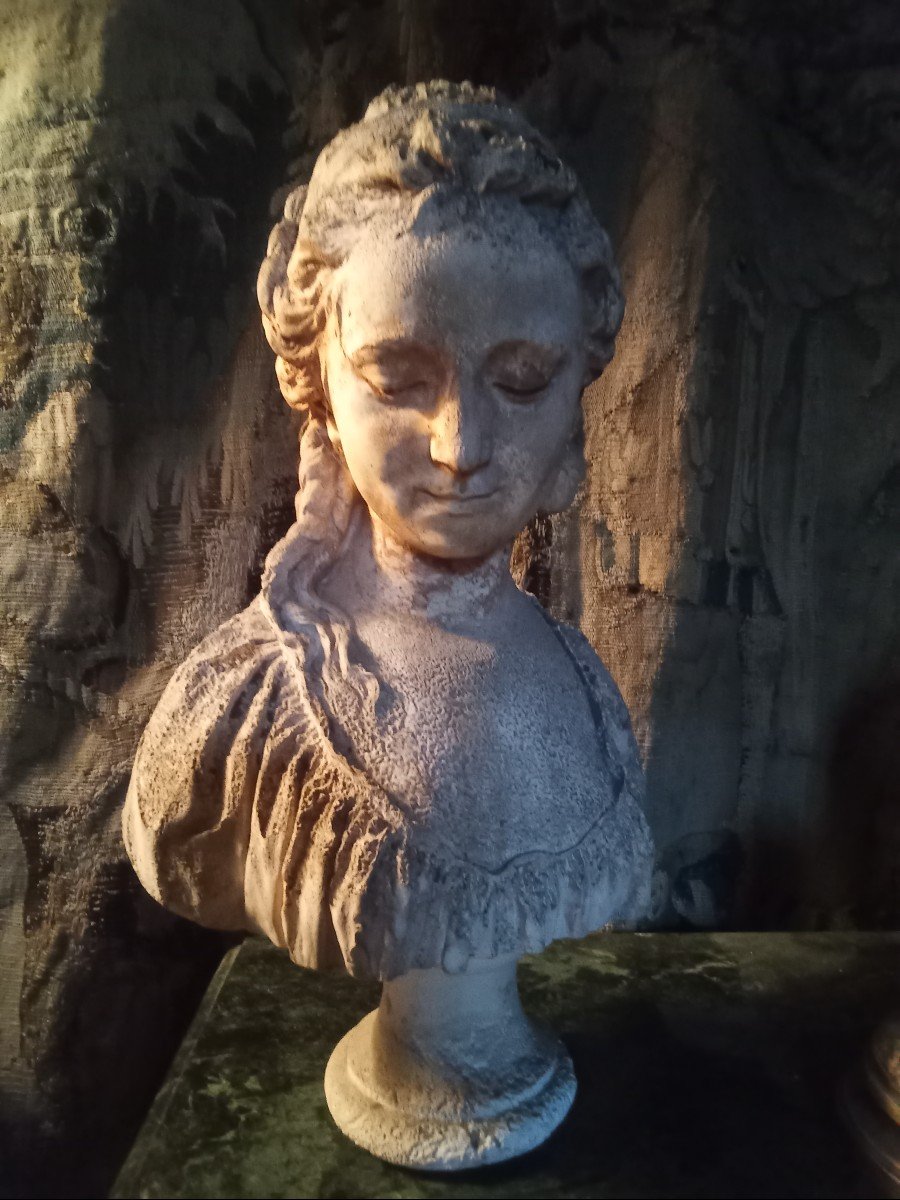 Bust Statue Of A Young Woman, Old Plaster Sculpture.