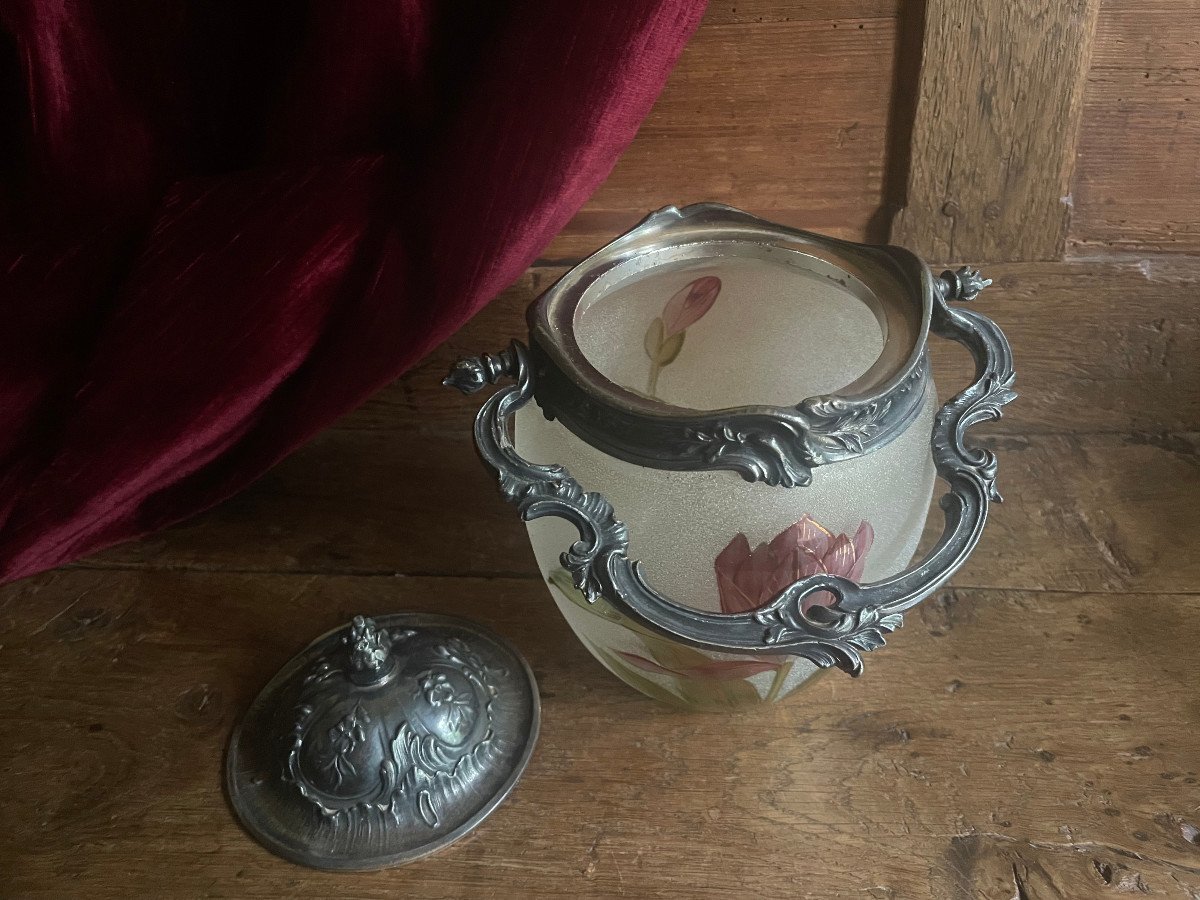 Enamelled Glass Biscuit Cookie Bucket Jar Silver Metal Lid And Handle Early 20th Century-photo-2