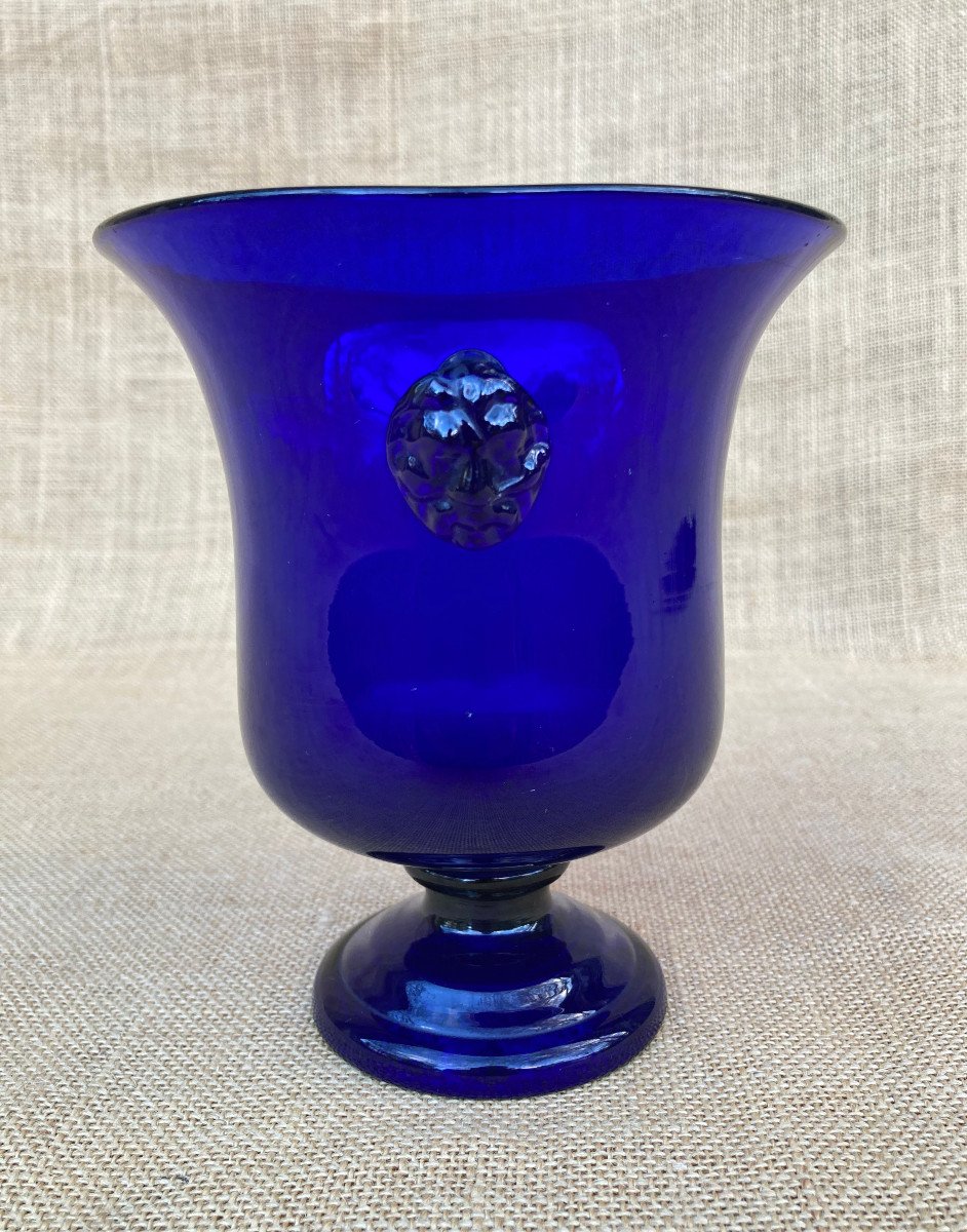 Small Medicis Vase In Blue Glass - Faun Head Cabochons - 18th Century Bordeaux Glassware -photo-1