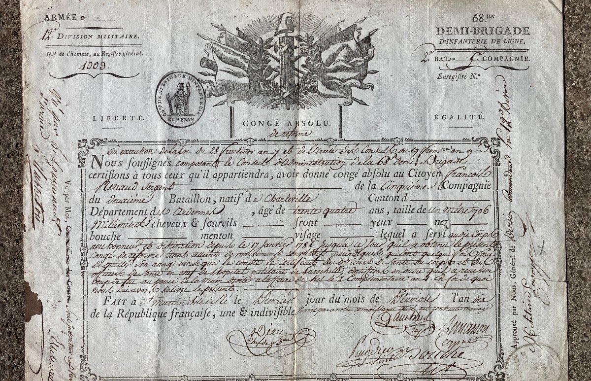 Congé De Réforme Pluviose An Dix Citoyen Sergent François Renaud - 19 Février 1803 - Consulat 