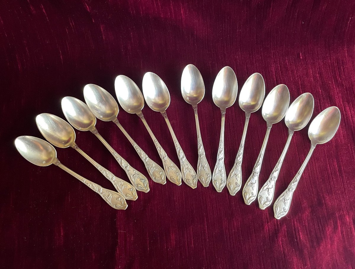 Set Of 12 Silver Metal Spoons - Art Nouveau - Boulenger Hallmark