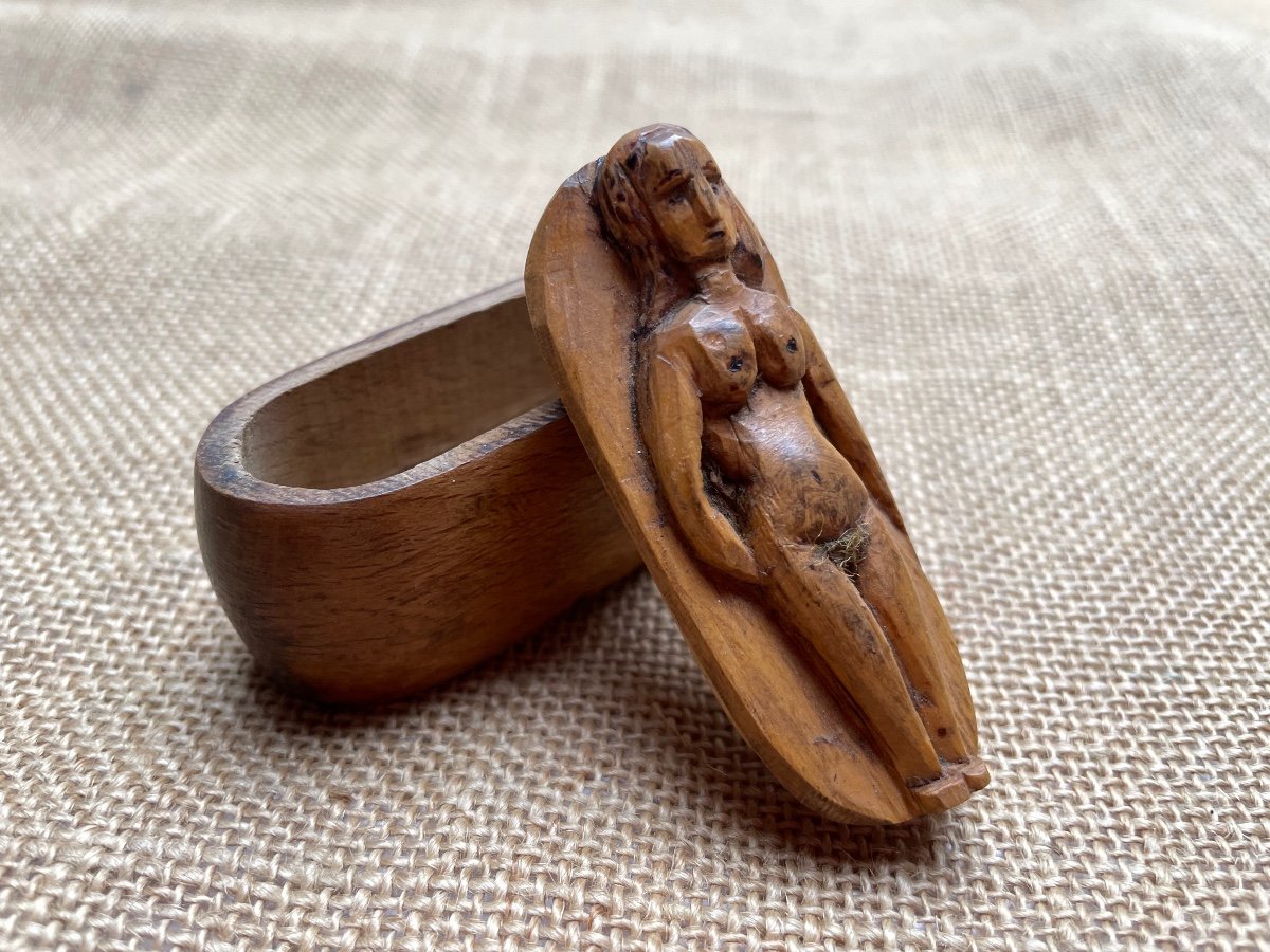 Erotic Snuffbox In Carved Wood - Folk Art-photo-2