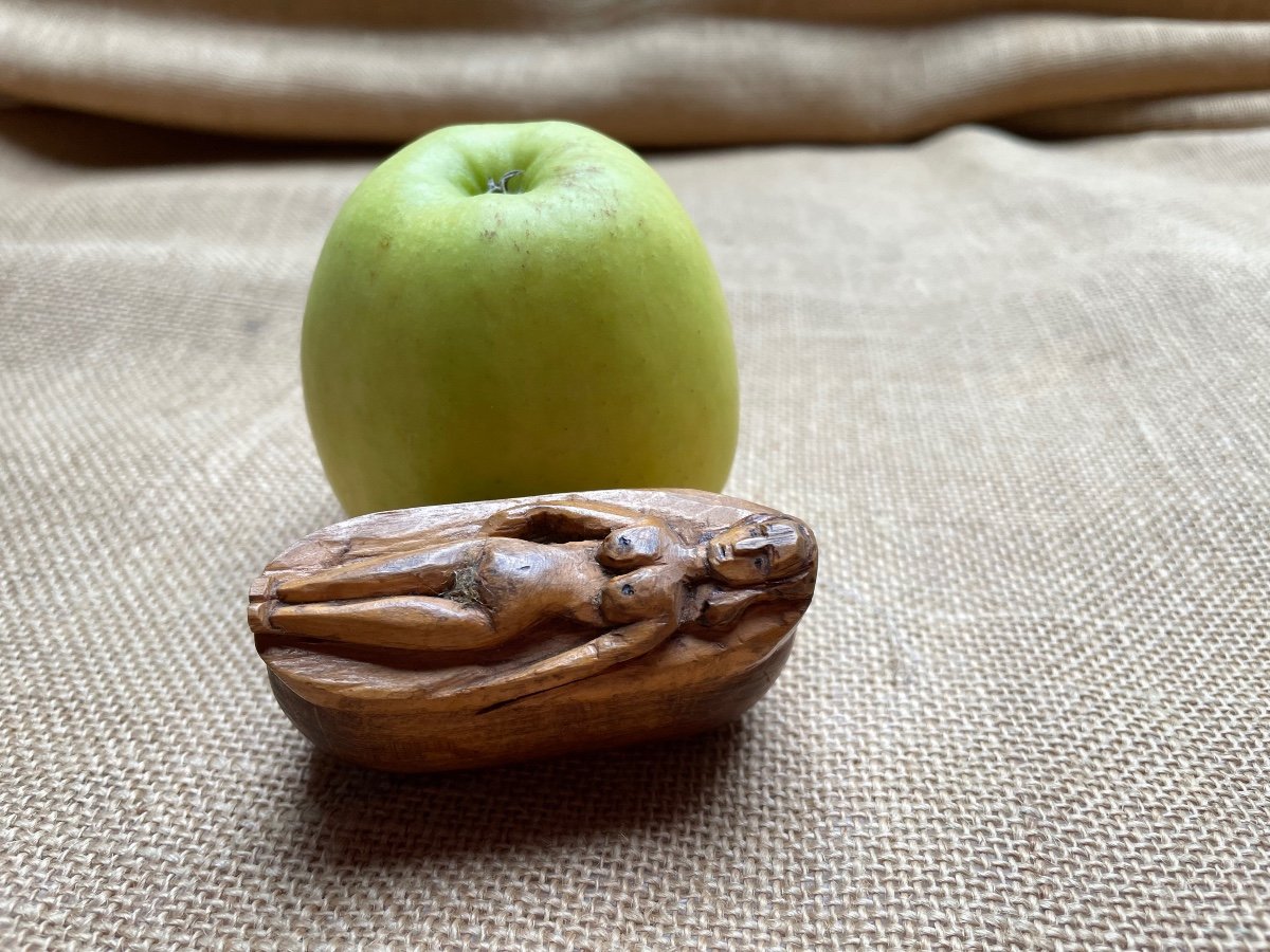 Erotic Snuffbox In Carved Wood - Folk Art-photo-2