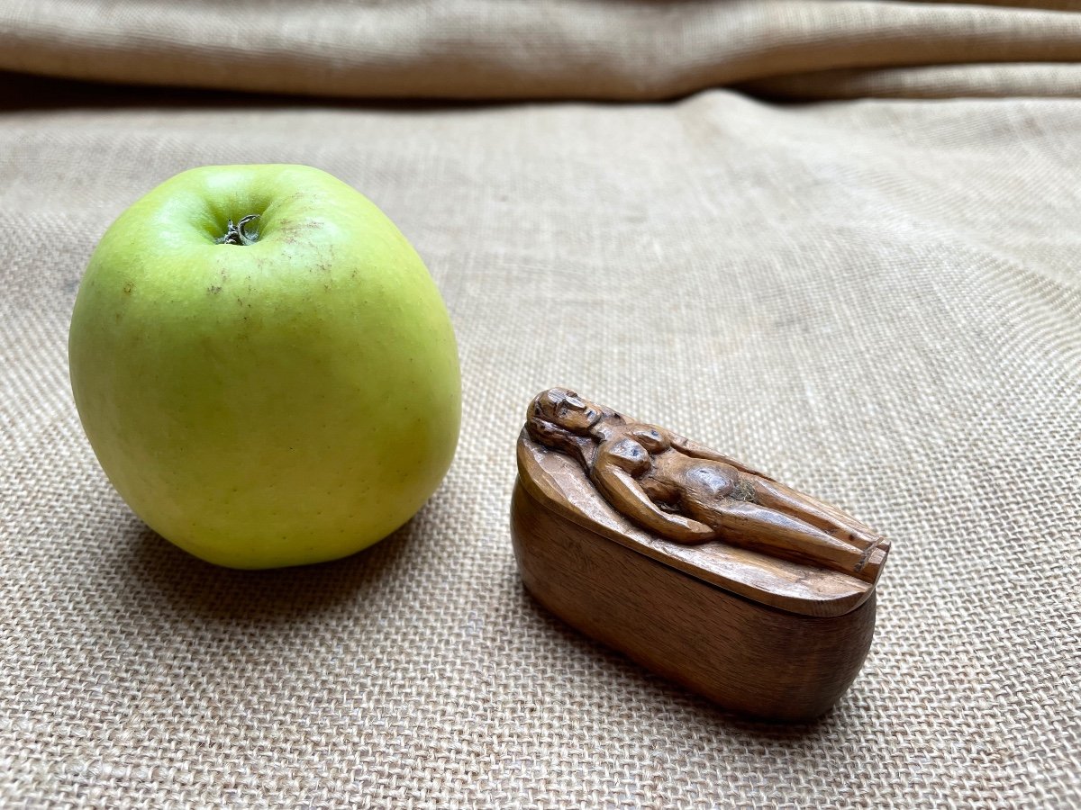 Erotic Snuffbox In Carved Wood - Folk Art-photo-3