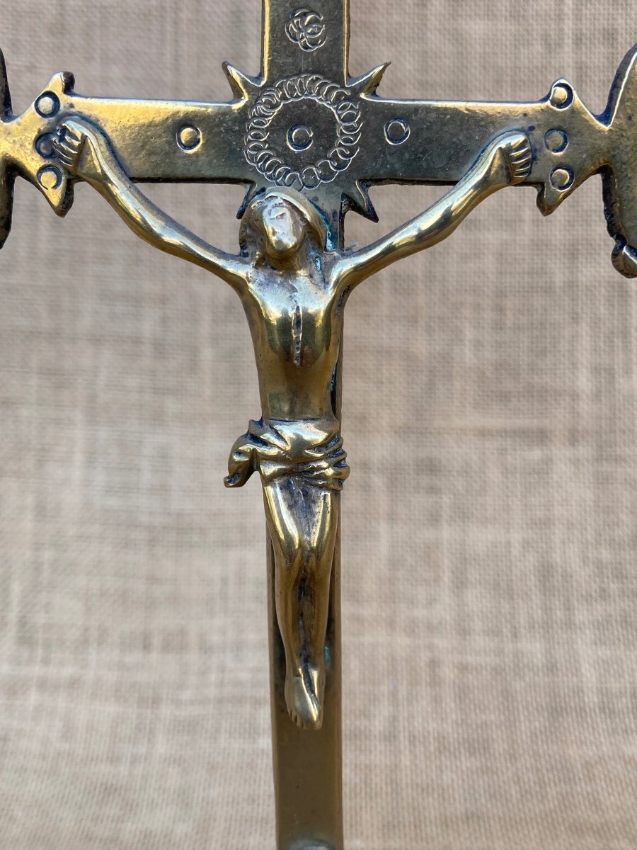 Crucifix Laiton, Croix Tréflée, Lorraine Fin XVIIIem, Art Populaire, Objet Religieux -photo-2