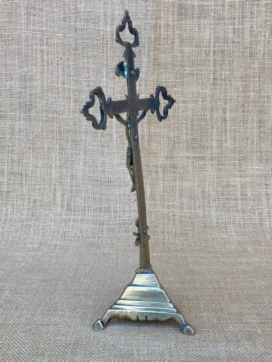 Crucifix Laiton, Croix Tréflée, Lorraine Fin XVIIIem, Art Populaire, Objet Religieux -photo-1