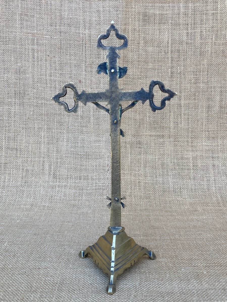 Crucifix Laiton, Croix Tréflée, Lorraine Fin XVIIIem, Art Populaire, Objet Religieux -photo-2