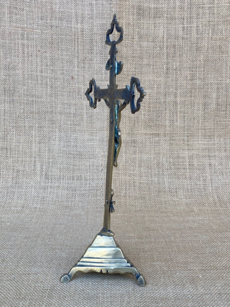 Crucifix Laiton, Croix Tréflée, Lorraine Fin XVIIIem, Art Populaire, Objet Religieux -photo-3