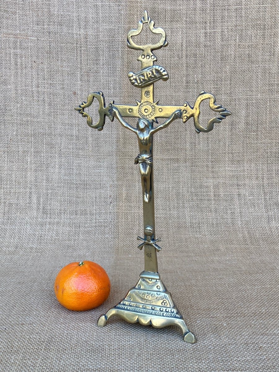 Crucifix Laiton, Croix Tréflée, Lorraine Fin XVIIIem, Art Populaire, Objet Religieux 