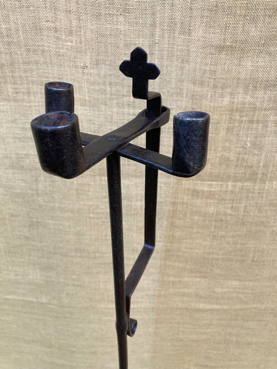 Candlestick, Resin Holder, 18th Century Wrought Iron Shard Holder, Cross Decor, Folk Art.-photo-4