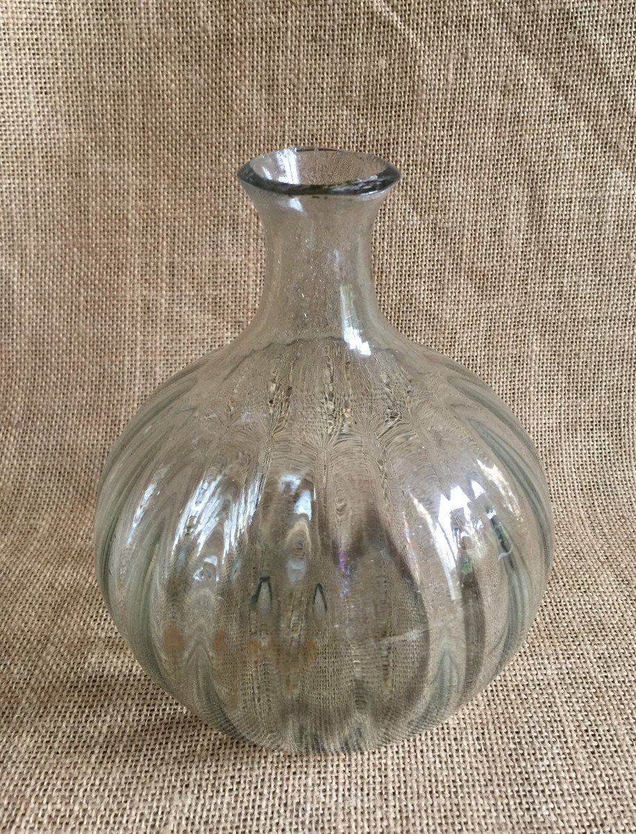 Carafe fin XVIIIème de forme Globulaire Annelée - Verre légèrement Fumé - Verrerie de Normandie?-photo-4