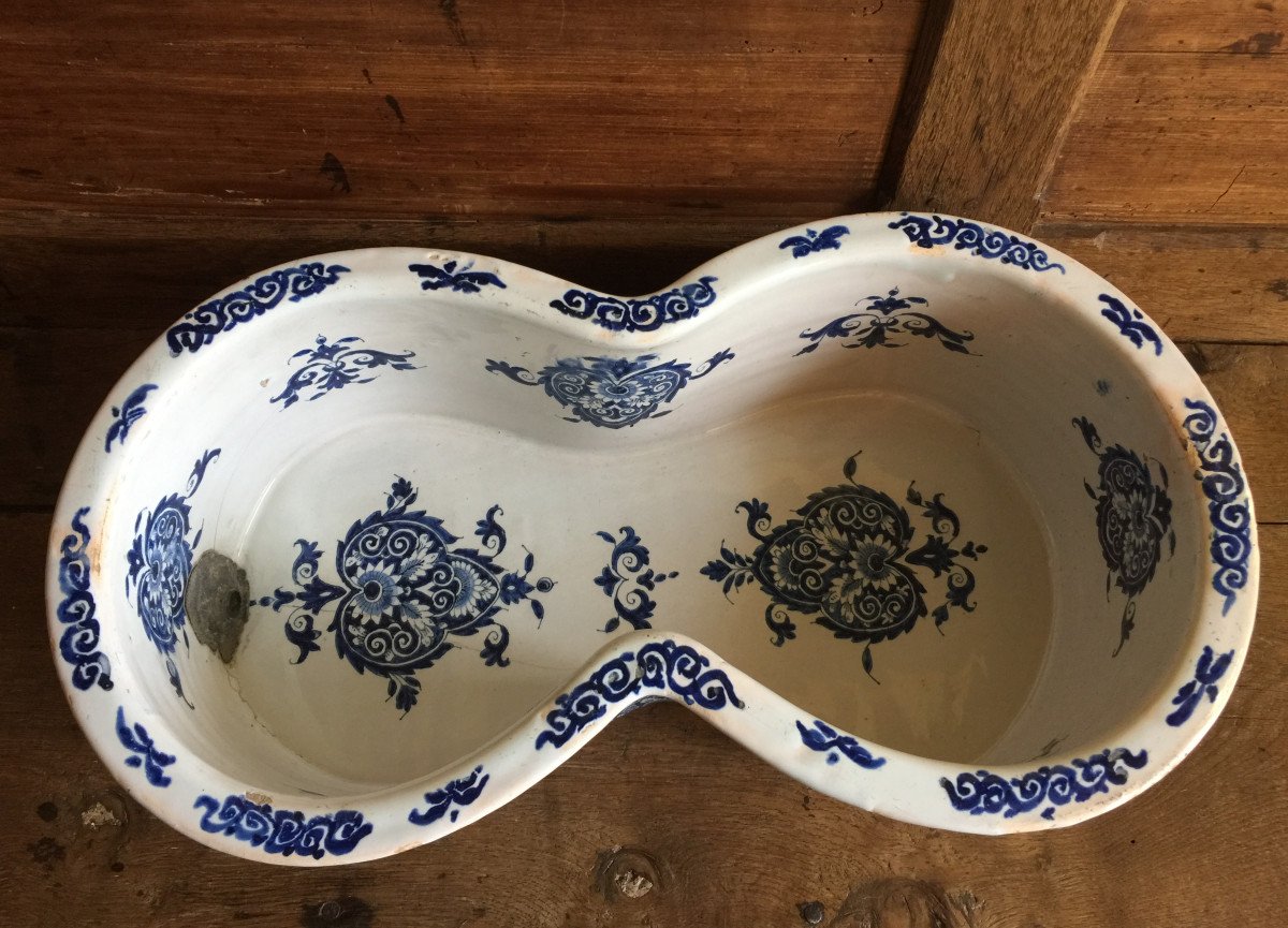 18th Earthenware Basin (louis XIV Period) From Lille Or Rouen With Blue Camaieu Decoration-photo-2
