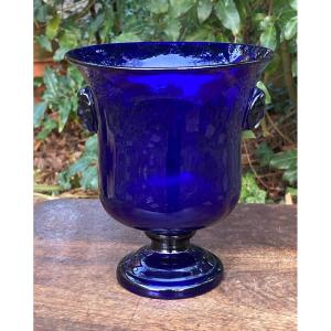 Small Medicis Vase In Blue Glass - Faun Head Cabochons - 18th Century Bordeaux Glassware 