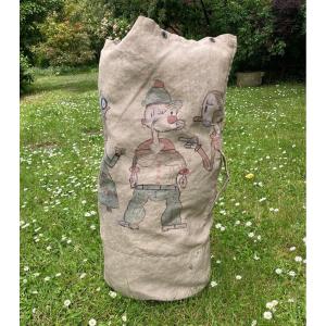Sailor Bag From Jean Bart Cfm Hourtin - In Marine Canvas Painted With Caricatures - 20th Century