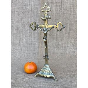 Crucifix Laiton, Croix Tréflée, Lorraine Fin XVIIIem, Art Populaire, Objet Religieux 