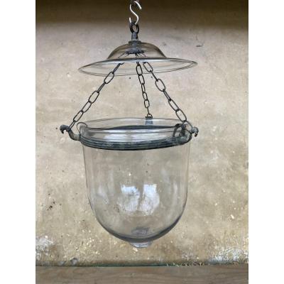 Lantern And Its Smoke-proof Top In Translucent Blown Glass - Chains And Fixing In Brass, Bronze Aspect - Glassware Early 19th 