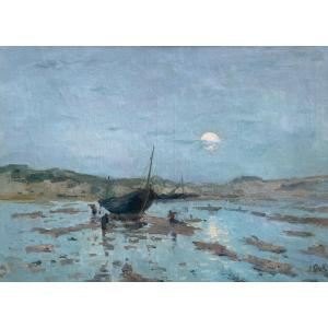 Lucien Frank ( 1857-1920) "Effet De Lune , La Panne" Huile Sur Toile Cm 60 X 84