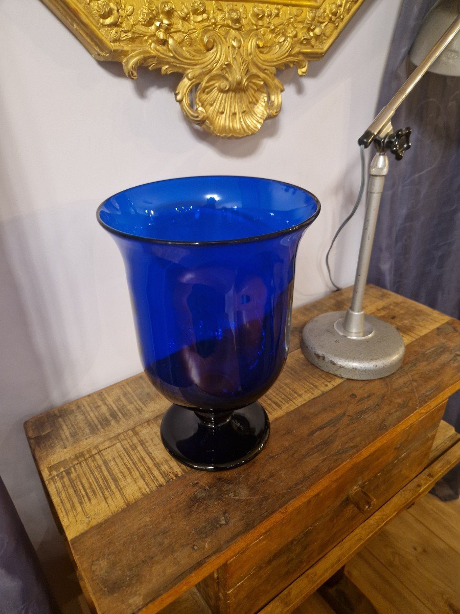 Grande Coupe Art Déco En Verre Bleu Cobalt-photo-3