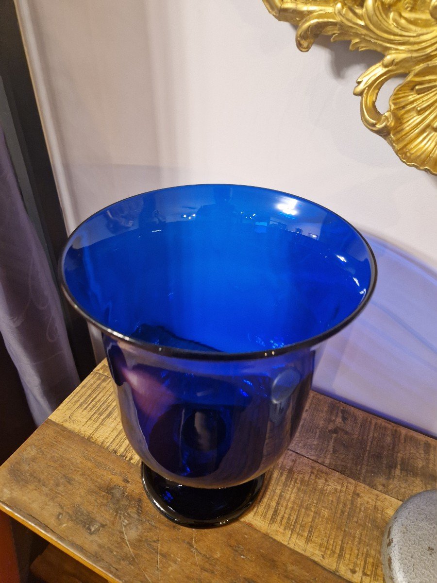 Grande Coupe Art Déco En Verre Bleu Cobalt-photo-4