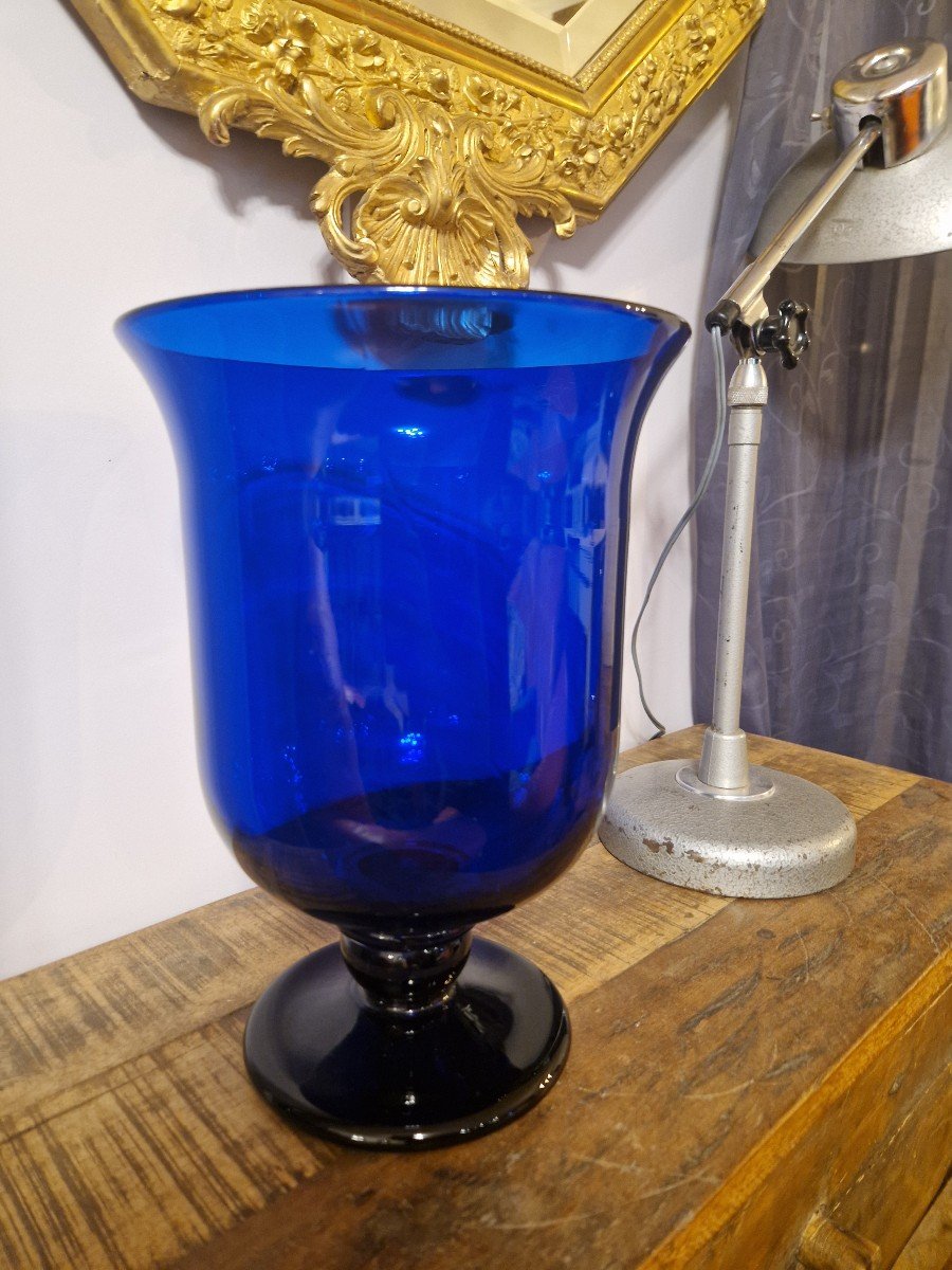 Grande Coupe Art Déco En Verre Bleu Cobalt-photo-4