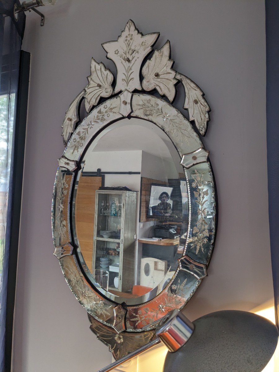 Oval Venetian Mirror Art Deco Period H101cm-photo-2