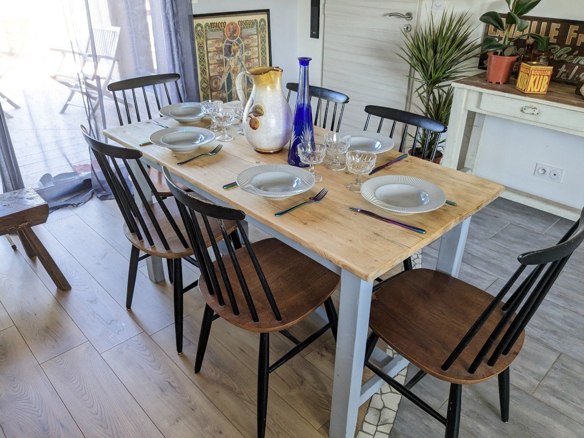 Table De Ferme Bleu Ciel Et Bois Clair Début XXème 138 Cm-photo-2