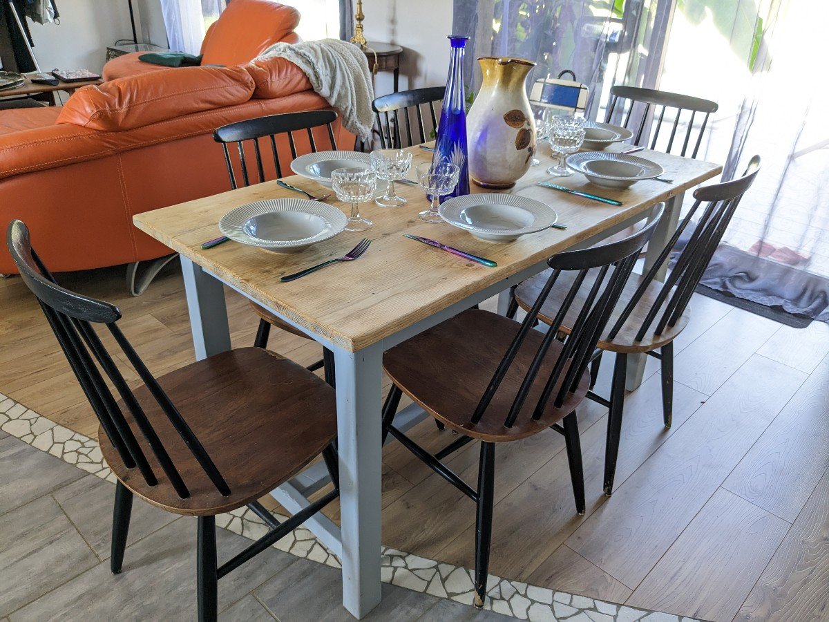 Table De Ferme Bleu Ciel Et Bois Clair Début XXème 138 Cm-photo-3