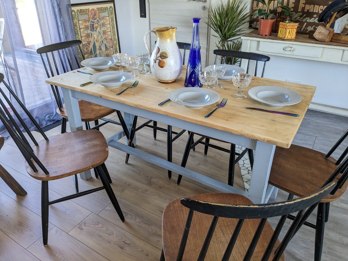 Table De Ferme Bleu Ciel Et Bois Clair Début XXème 138 Cm-photo-4