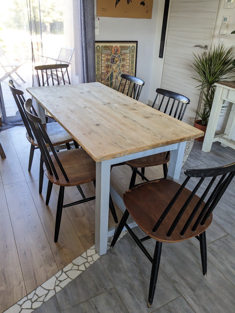 Table De Ferme Bleu Ciel Et Bois Clair Début XXème 138 Cm-photo-1