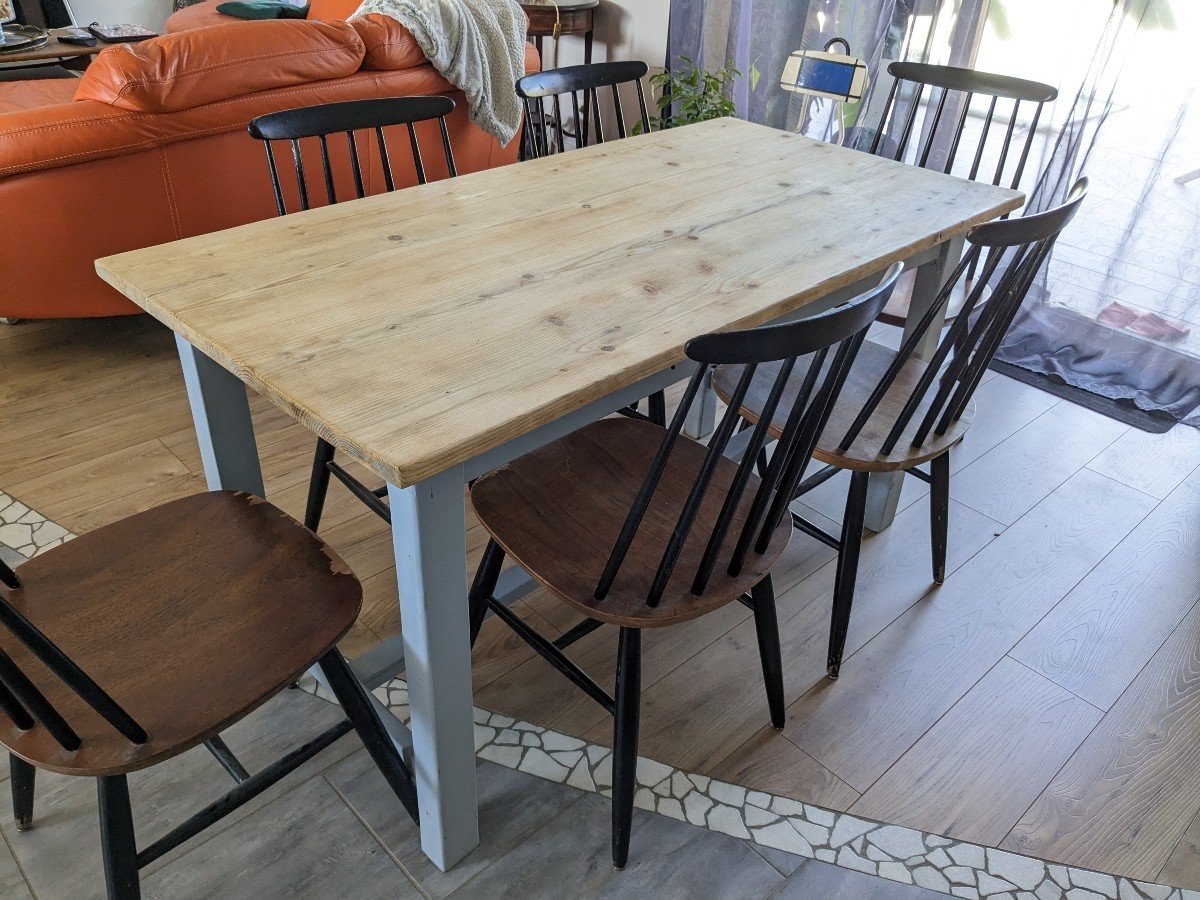 Table De Ferme Bleu Ciel Et Bois Clair Début XXème 138 Cm-photo-2