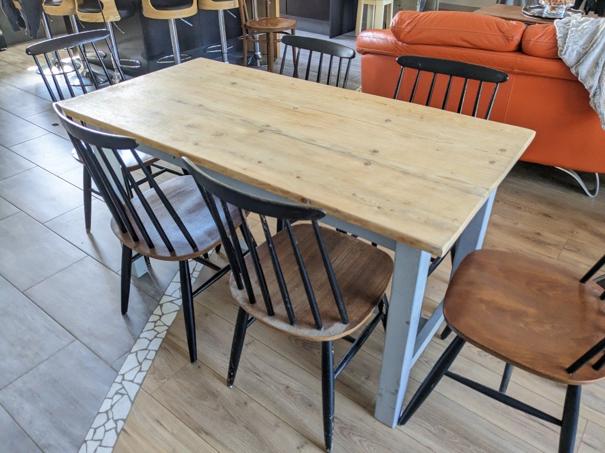 Table De Ferme Bleu Ciel Et Bois Clair Début XXème 138 Cm-photo-3