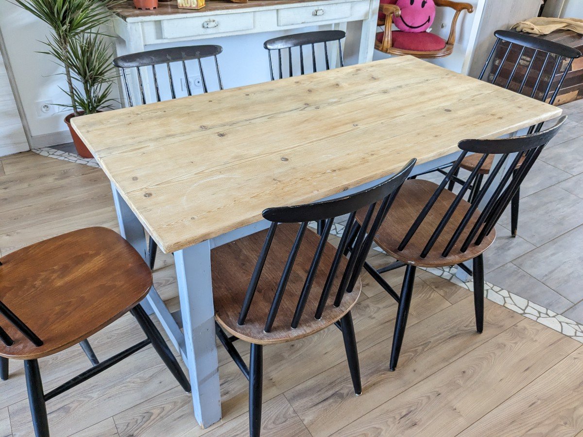 Table De Ferme Bleu Ciel Et Bois Clair Début XXème 138 Cm-photo-4