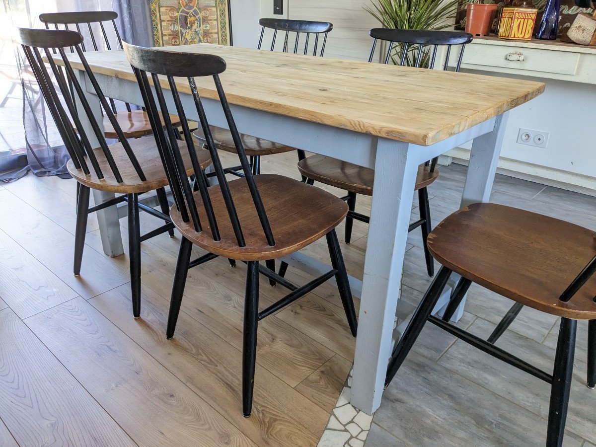 Table De Ferme Bleu Ciel Et Bois Clair Début XXème 138 Cm-photo-5