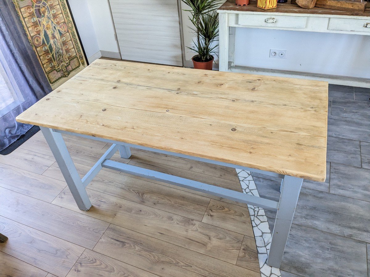 Table De Ferme Bleu Ciel Et Bois Clair Début XXème 138 Cm-photo-7