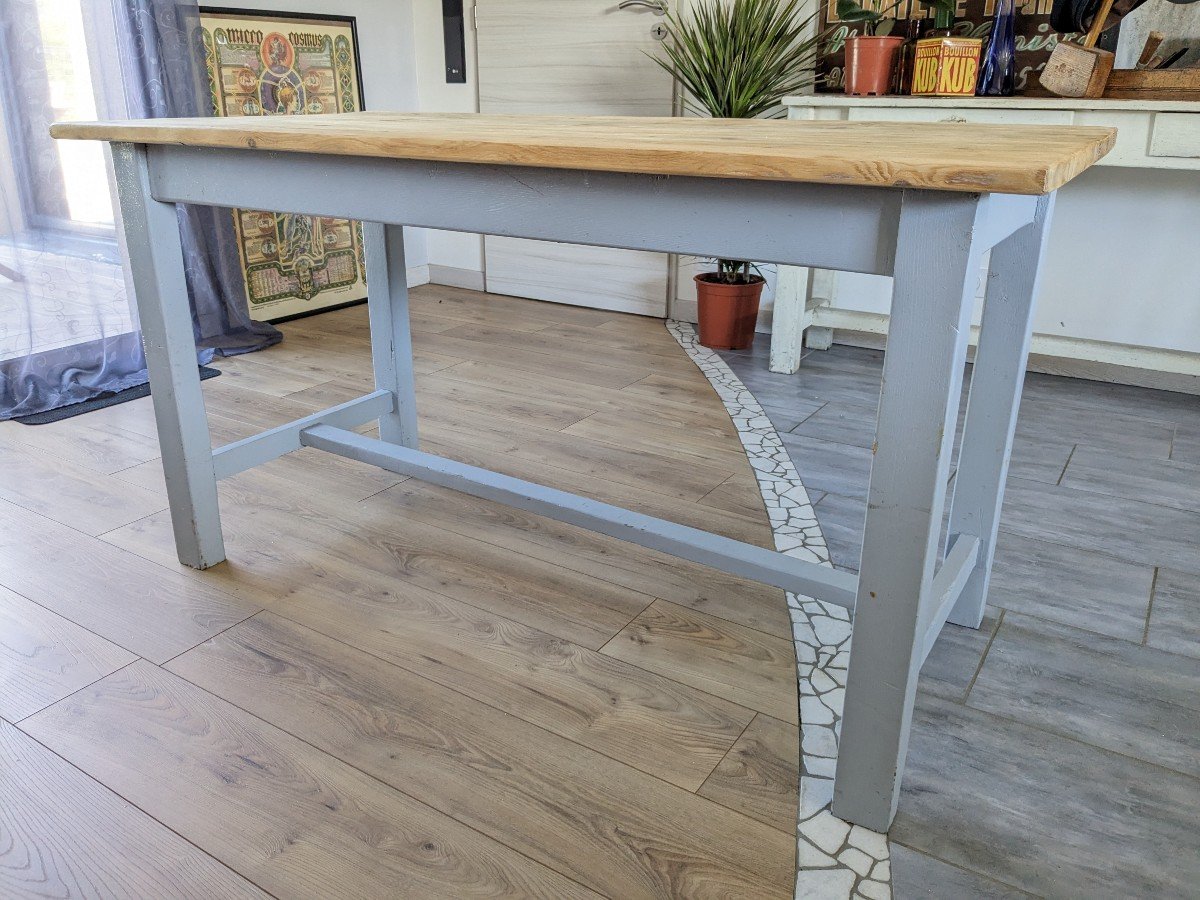 Table De Ferme Bleu Ciel Et Bois Clair Début XXème 138 Cm-photo-8