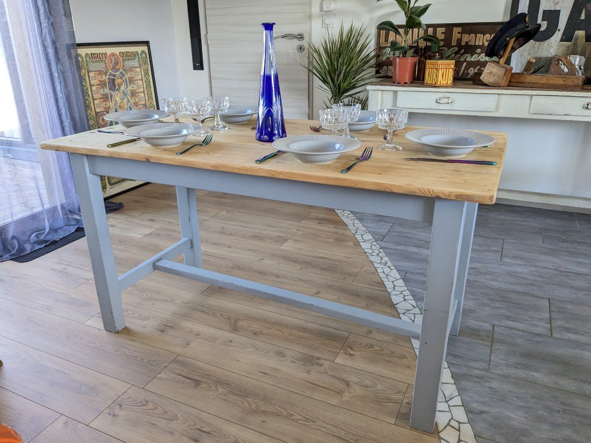 Table De Ferme Bleu Ciel Et Bois Clair Début XXème 138 Cm