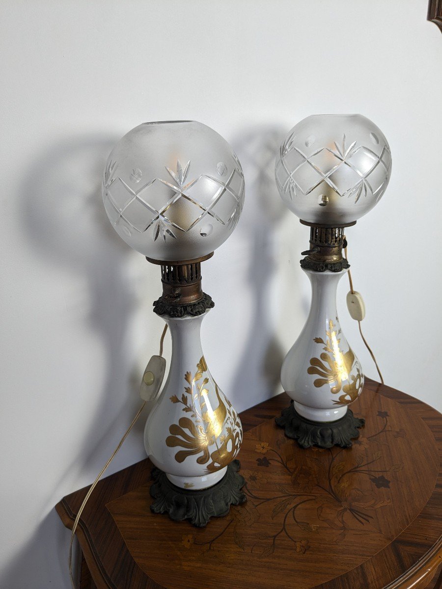 Pair Of Electrified Oil Lamps In Ceramic And Bronze-photo-2