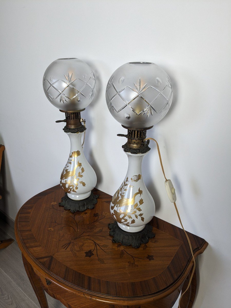 Pair Of Electrified Oil Lamps In Ceramic And Bronze-photo-3