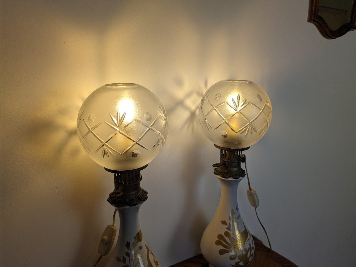 Pair Of Electrified Oil Lamps In Ceramic And Bronze-photo-4