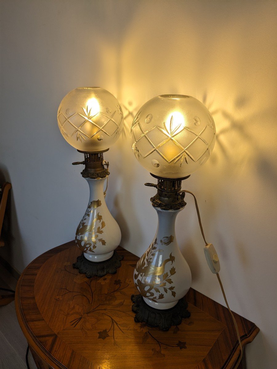 Pair Of Electrified Oil Lamps In Ceramic And Bronze-photo-5