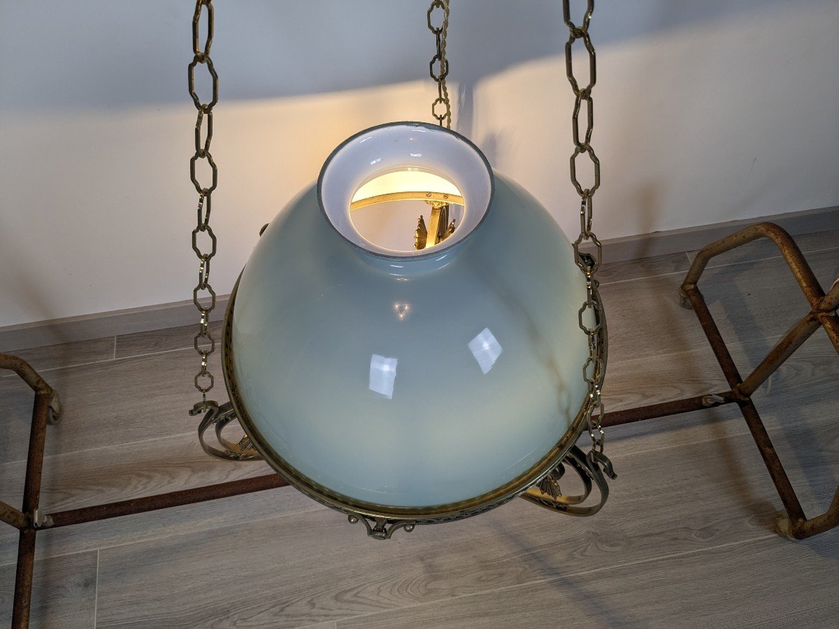 Grand Lustre En Laiton Et Opaline Verte-photo-6