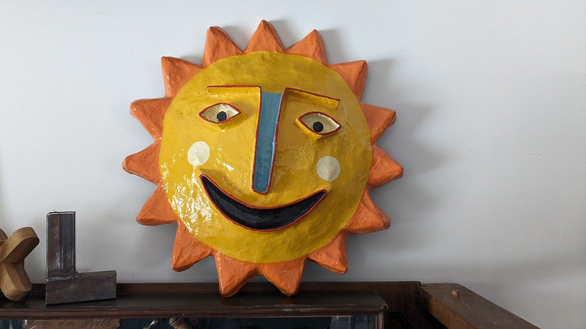 Vintage "sun" Wall Sculpture In Papier-mâché, 1970-photo-3