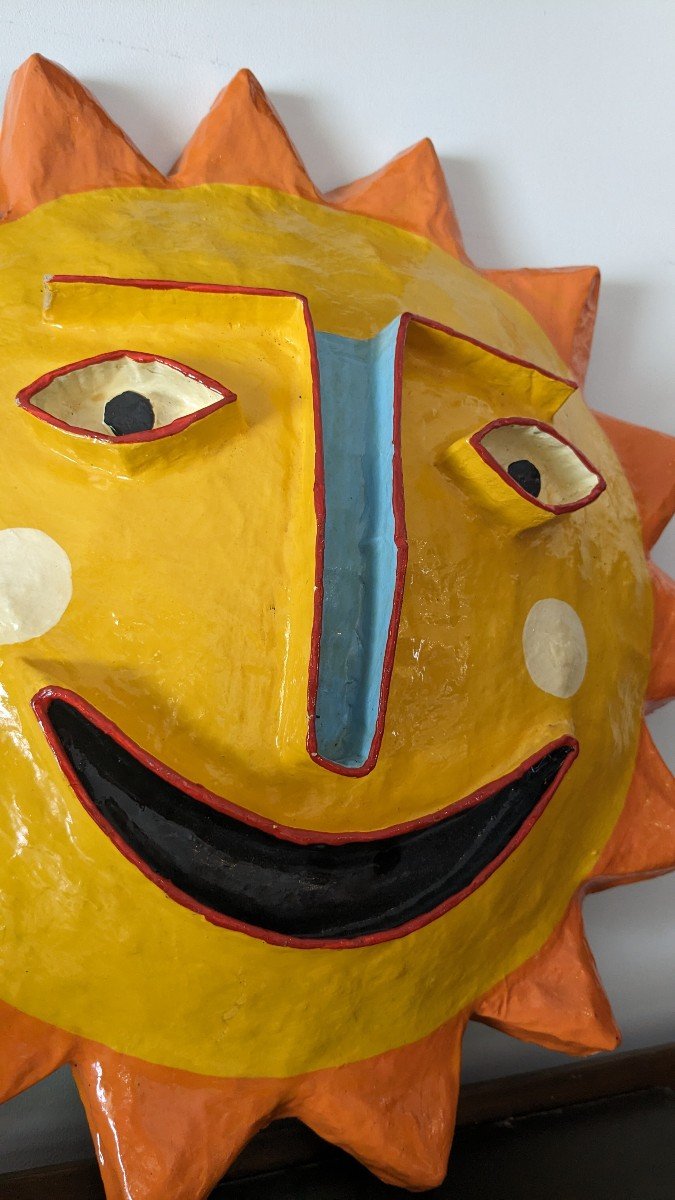 Vintage "sun" Wall Sculpture In Papier-mâché, 1970-photo-1