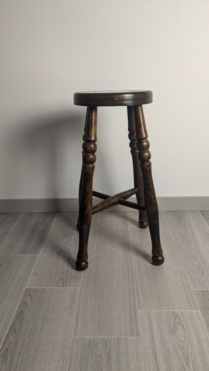 Ancien Tabouret Anglais En Bois Massif-photo-2