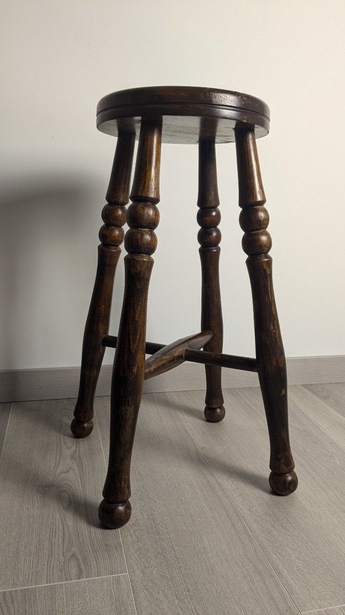 Ancien Tabouret Anglais En Bois Massif